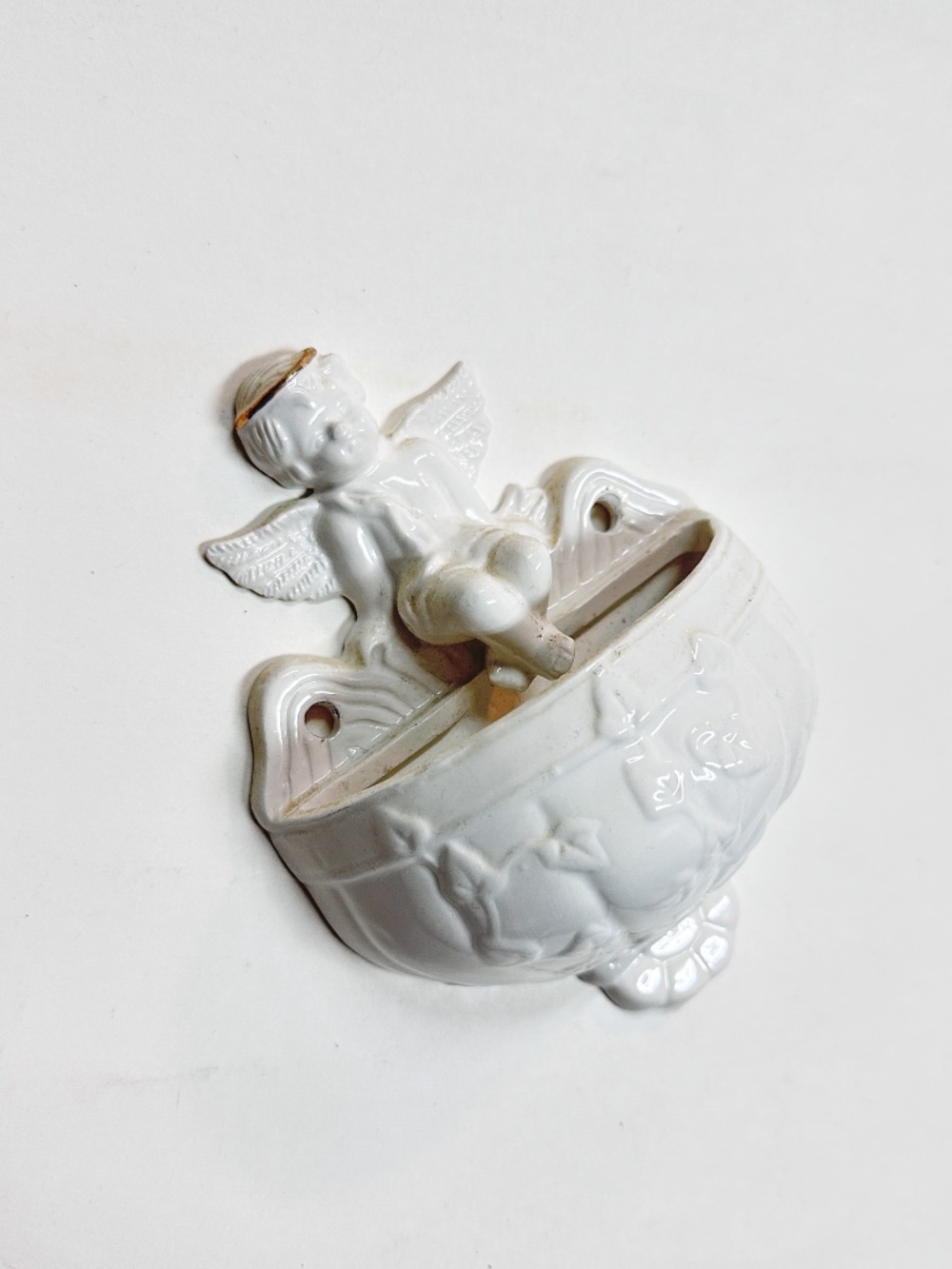 Vintage White Ceramic Baby Cherub Victorian Angel Wall Pocket Planter Classical